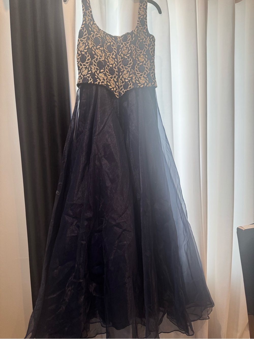 Navy and Gold Embroidered Prom Dress